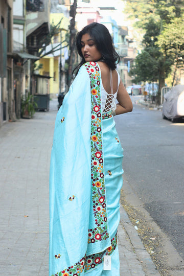Sea Blue Hand Embroidered Silk Saree